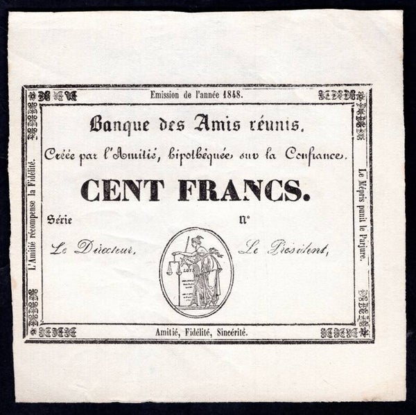 France. Banque des Amis reunis 1848, unissued 100 Francs. NEF.  DY19058