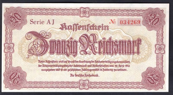 Germany, 20 Reichsmark, 28-4-1945 (WPM 187). AJ 034269. EF.   DY19081.