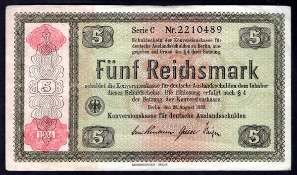 Germany, 5 Reichsmark 1933, C 2210489.  Conversion note. Crisp GF+.  DY19113