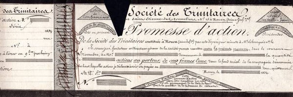 Societe des Trinitaires, Promesse d'action 100 Francs Rouen 1834. VF-EF.  DY19139.