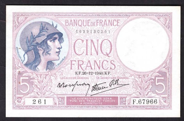 France. Five Francs last date 26-12-1940 1699130261. GEF.   DY19148