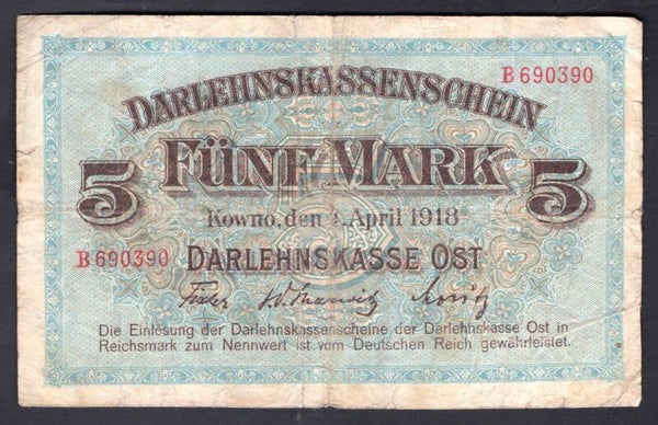 Germany. Occupation Lithuania. 5 Mark 1918 B690390. Fine.   DY19153.