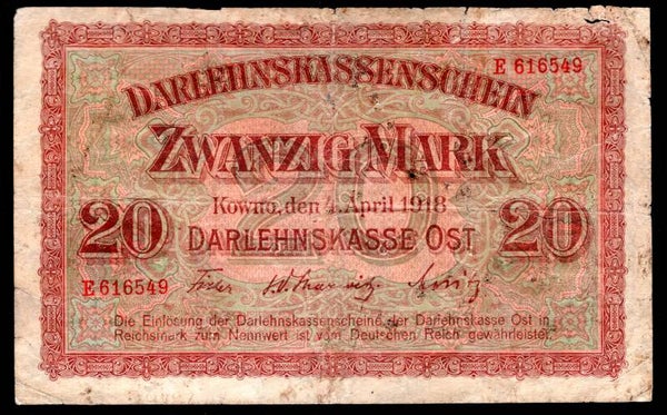 Germany. Occupation Lithuania 20 Mark 1918. E616549. NF.   DY19155