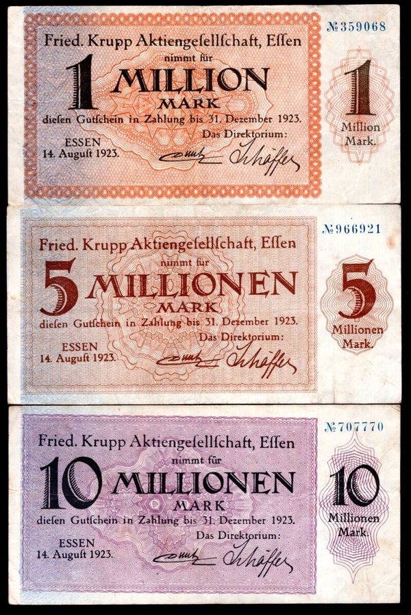 Germany. Krupps, Essen 1923, 1, 5 & 10 Millionen Mark. F-VF.   DY19156