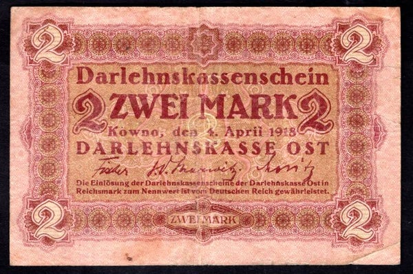 Germany. Occupation Lithuania 2 Mark 1918. A.2250561. Fine.  DY19182