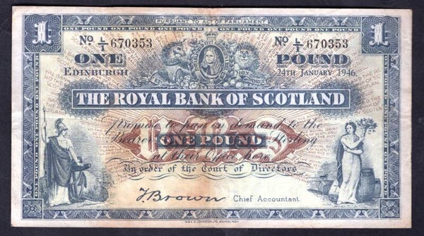 Royal Bank. £1 Jan 1946 Crisp F-VF.  dy19186