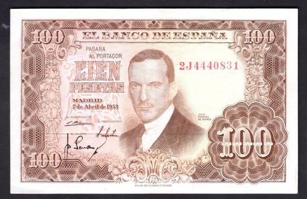 Spain. 100 Pesetas 1953 2J4440831 Crisp VF.  DY19226