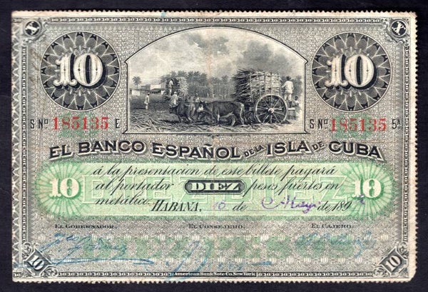 Cuba. 10 Pesos 1890s, 185135. F-VF.   DY19227