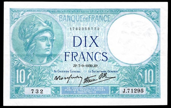 France. 10 Francs 7-9-1939. 1782358732. Crisp VF.   DY19254