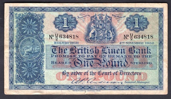British Linen Bank. £1,  4-11-1952 U/2 634818. F-VF.   DY19256