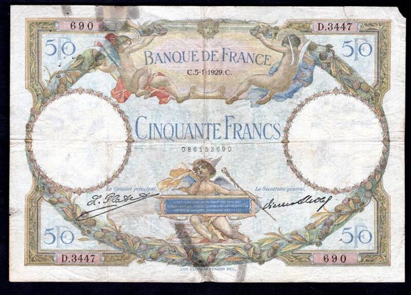France. 50 Francs 5-1-1929. 086153690. Good.   DY19309