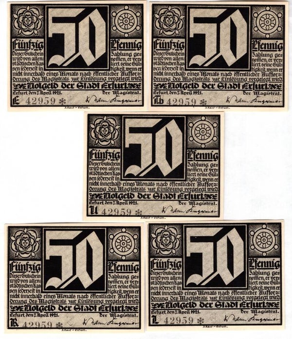 Erfurt, 5 x 50 Pfennig Martin Luther 1921 matching no's.   DY19321