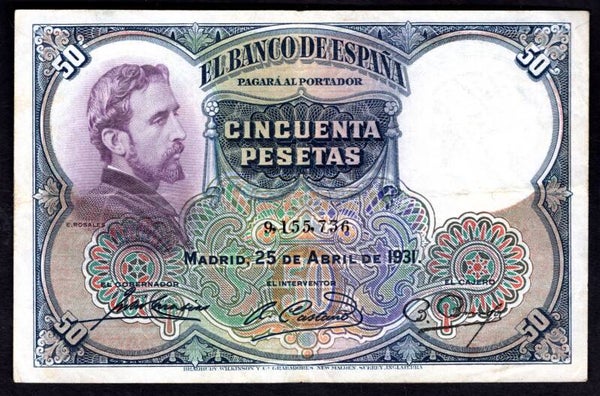 Spain. 50 Pesetas 1931. 9,155,736. F-VF.  DY19331