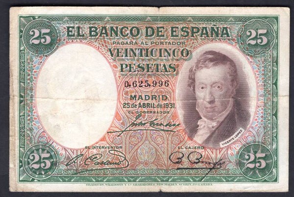 Spain. 25 Pesetas 1931. 0,625,996. GF+.   DY19346