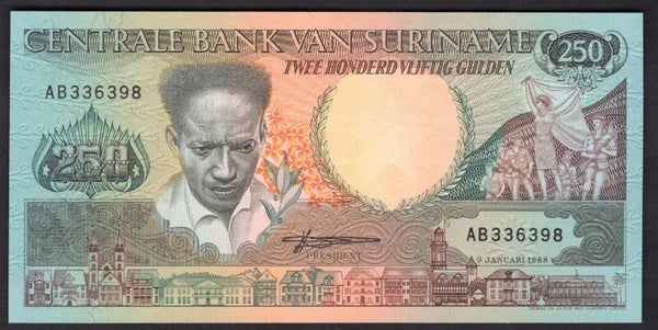 Suriname. 250 Gulden 9-1-1988.  AB336398. UNC.   DY19359