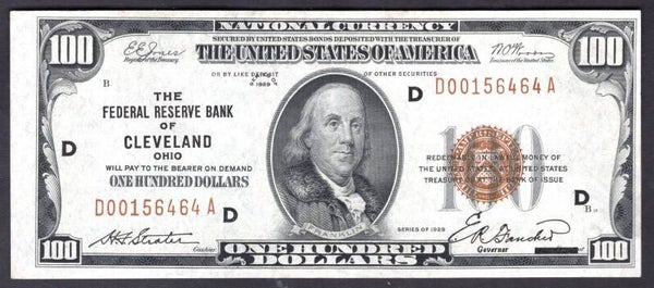 USA. Cleveland $100 series 1929. D00156464A. Crisp GVF+.   DY19378