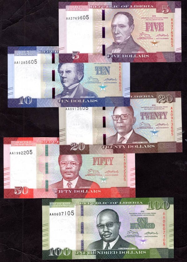 Liberia. $5-$100. 2016. Rippling UNC.  DY19394