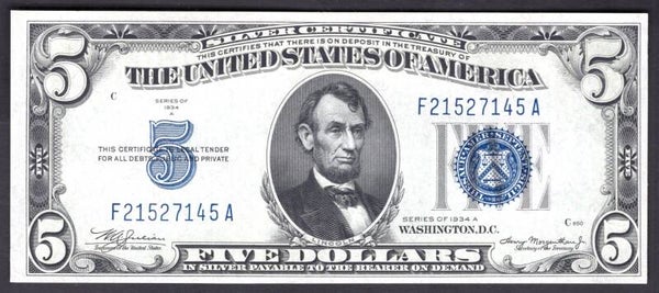 USA. Silver Cert $5 series 1934A (1934-45). F21527145A. NEF.