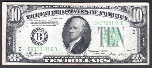 USA. Federal Reserve. $10 New York, series 1934B. (1945-46). B93758156D. NVF.   DY19422