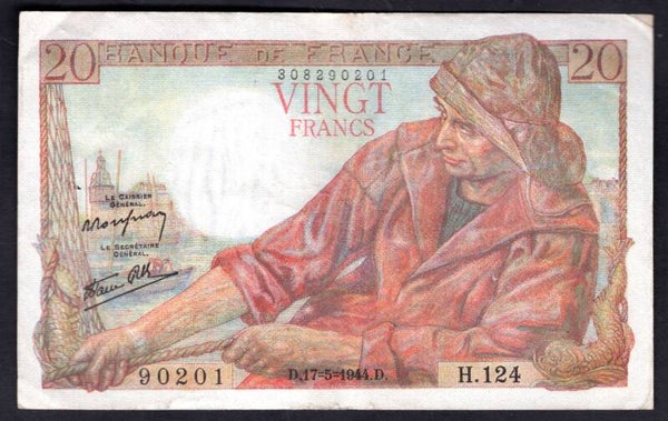France. 20 Francs 17-5-1944 308290201.   F-VF.   DY19249