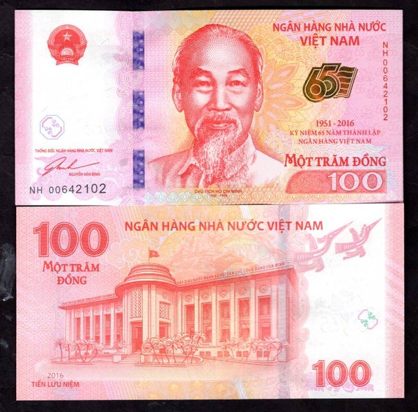 Vietnam. 100 Dong, 65th Anniversary Banking. 2016. AU-UNC.  DY19489
