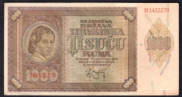 Croatia. 1,000 Kuna 1941 Crisp VF.  DY19492