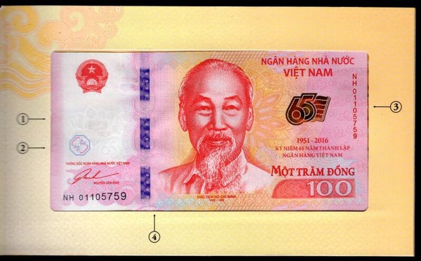 Vietnam. 100 Dong 2016, 65th Anniversary Banking. in Folder.  DY19499