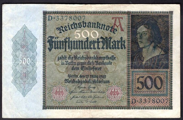 Germany. 500 Mark, March 1922 D.3378007. Crisp GF+.   DY19517
