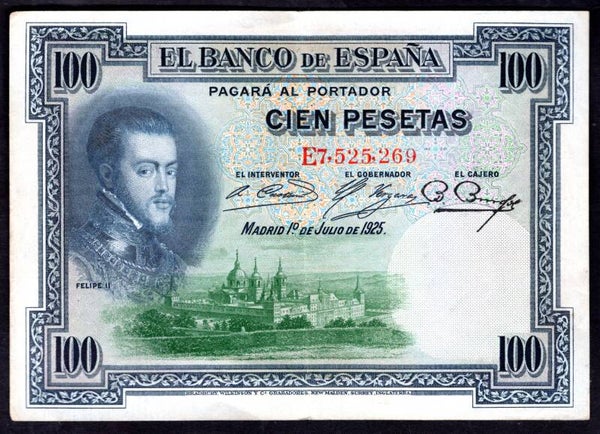 Spain. 100 Pesetas 1925.  E7,525,269. GVF+.   DY19547