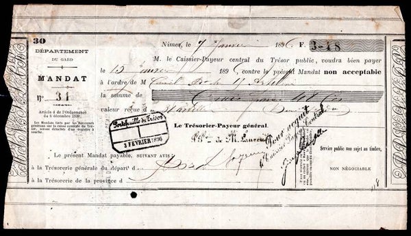 France. Mandat Departement Du Gard 1896.   DY19569