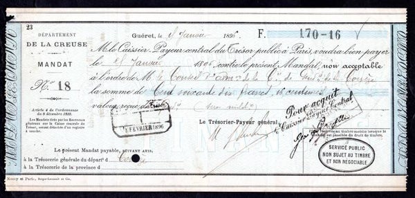 France. Mandat, Departement de La Creuse 1896.   DY19570