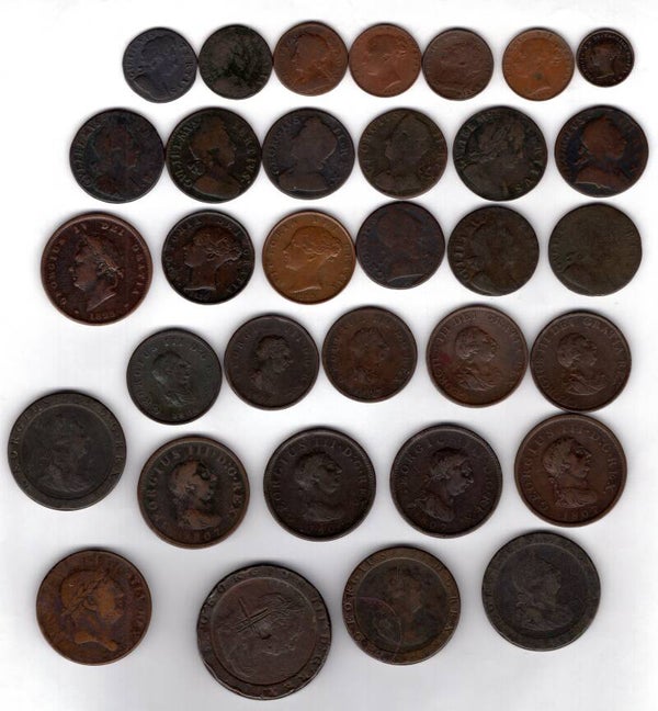 Great Britain 32 x pre 1860 Copper, + "Bank Token".   DY19572.