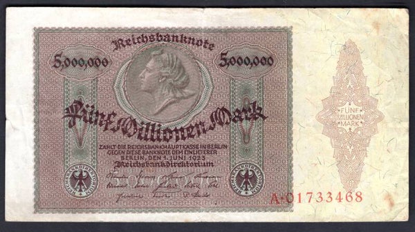 Germany. 5 Million Mark, 1-6-1923 (WPM 90). A.01733468. GF.