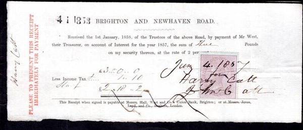 Brighton. Interest Payment with stamp. 1857. Uniface. DY19783F