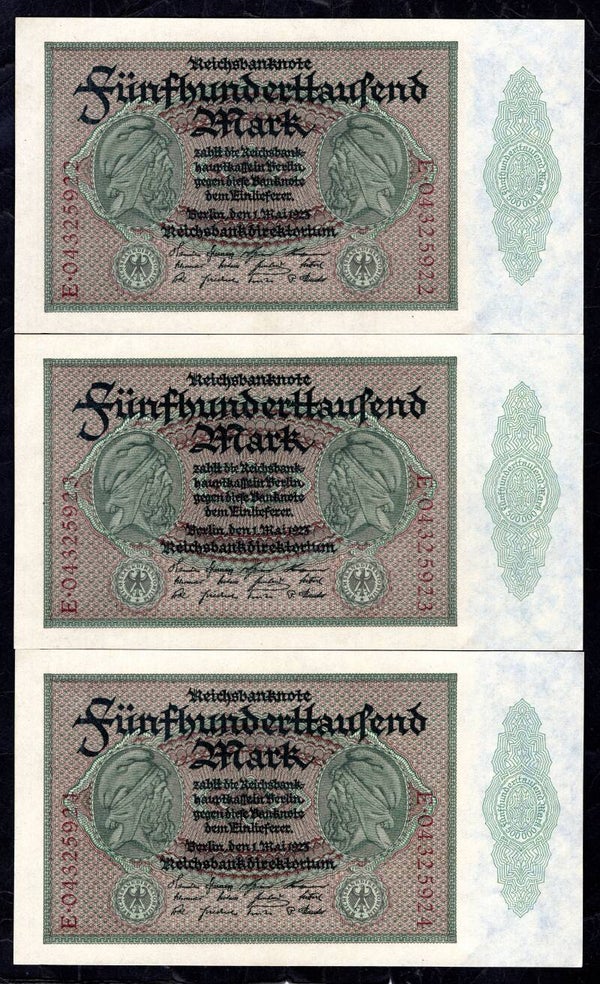 Germany. 3 x 500,000 mark consecutive, 1923.   DY19787