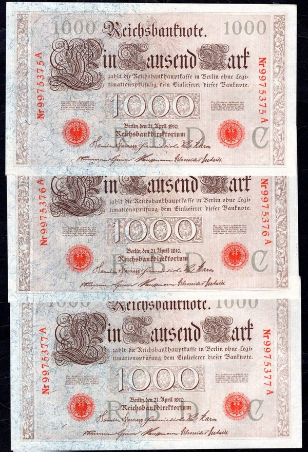Germany. 1,000 Mark, 1910  consecutive trio. 9975375-77. VF-EF.   DY19812