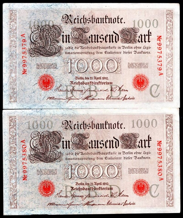 Germany. 1,000 Mark, 1910  consecutive pair. 9975379-80. GEF.   DY19813