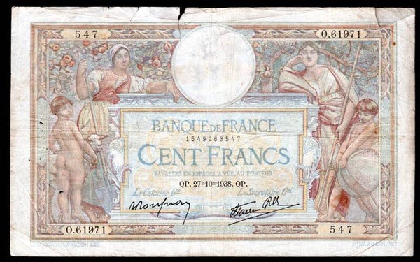 France. 100 Francs 27-10-1938. 1549263547. Fine.    DY19853