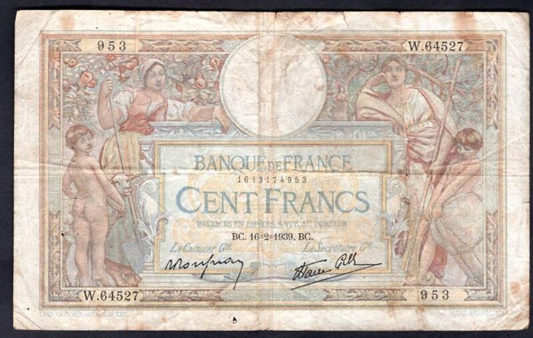 France. 100 Francs 16-2-1939 1613174953. Fine+.   DY19855.
