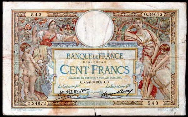 France. 100 Francs 24-3-1932 866788543. GF+.   DY19856