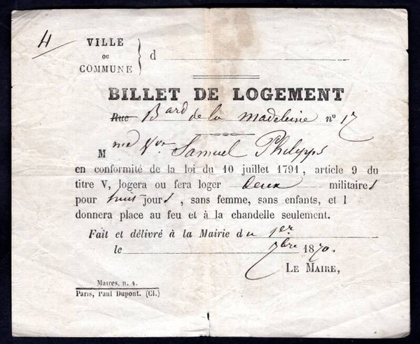 France. Lodging receipt from 1870.   DY19857