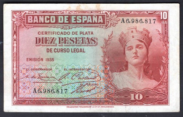 Spain. 10 Pesetas 1935, A6,986,817. GVF.   DY19868