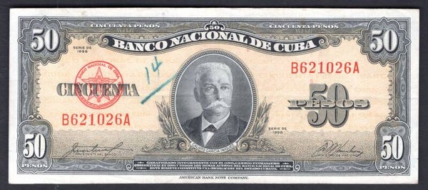 Cuba. 50 Pesos, 1958 B621026A. Crisp GVF.   DY19873