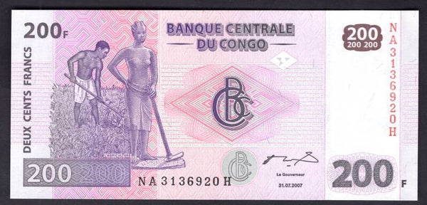 Congo. 200 Francs 2007 NA3136920H. AU-UNC.   DY19903