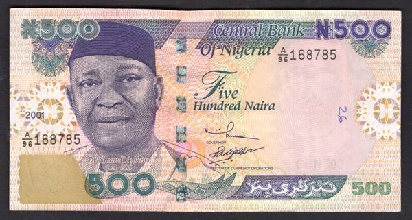 Nigeria. 500 Naira 2001 A/96 168785 F-VF.   DY19917