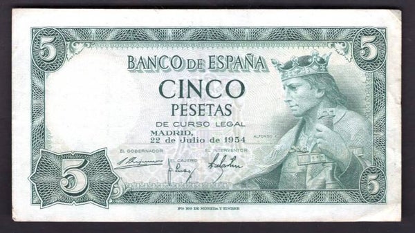Spain. Five Pesetas 1954 A0937152 Crisp VF.   DY19935