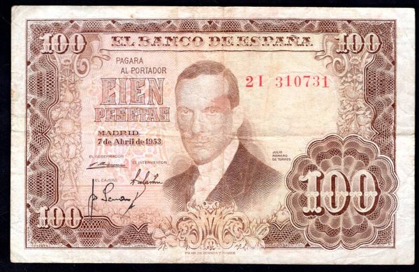 Spain. 100 Pesetas 1953 2I 310731 Fine.   DY19936