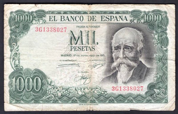 Spain. 1,000 Pesetas 1971 3G1338027 Fine.   DY19937