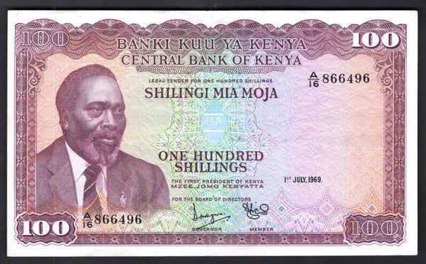 Kenya. 100 Shillings 1969 A/16 866496 (WPM 10a). Crisp VF.