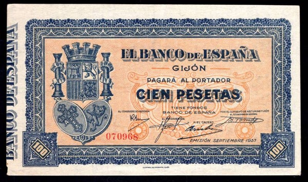 Spain. 100 Pesetas, 1937 070968 (WPM S580). NEF. DY20130